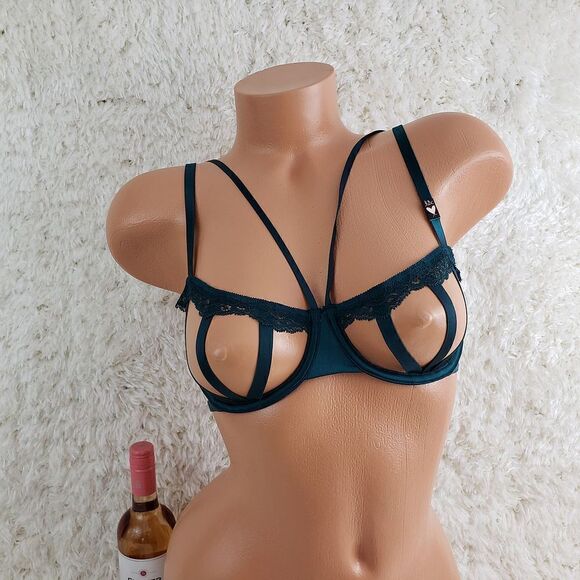 Victoria's Secret 32 D Green Lace Strappy Cage Balconet Very Sexy Bra - Picture 1 of 6